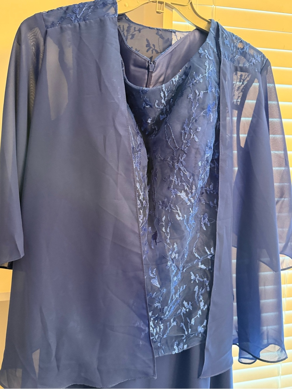 Navy Blue Long-Sleeve Embroidered Women's Dress with Sheer Overlay